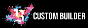 Colorful splash logo with 'CUSTOM BUILDER' text on a black background