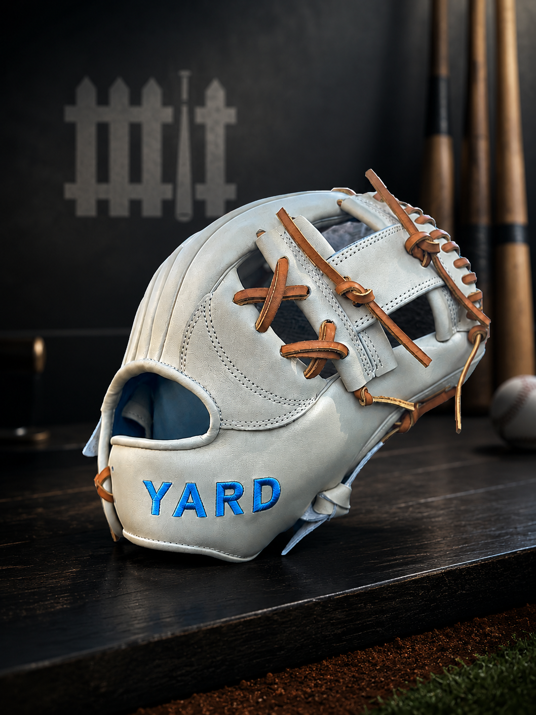 Baseball glove with 'YARD' branding on a wooden surface with bats in the background